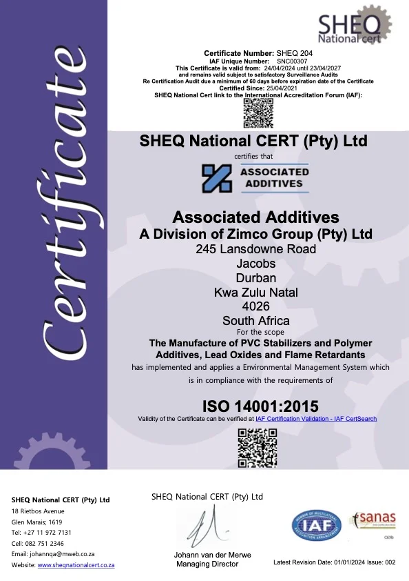 ISO - Associated Additives ISO 14001-2015 Certificate