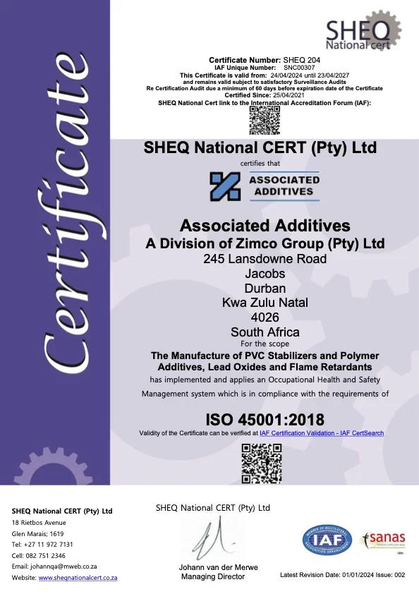 ISO - Associated Additives ISO 14001-2018 Certificate