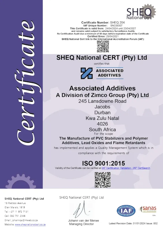 ISO - Associated Additives ISO 9001-2015 Certificate